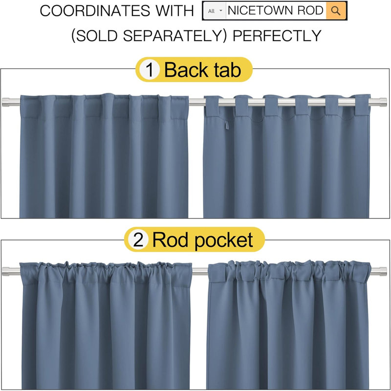 Blackout Curtain Light & Noise Reducing Room Darkening Drapes for Bedroom/Living Room/Kitchen, 2 Pieces, 52" W x 108" L