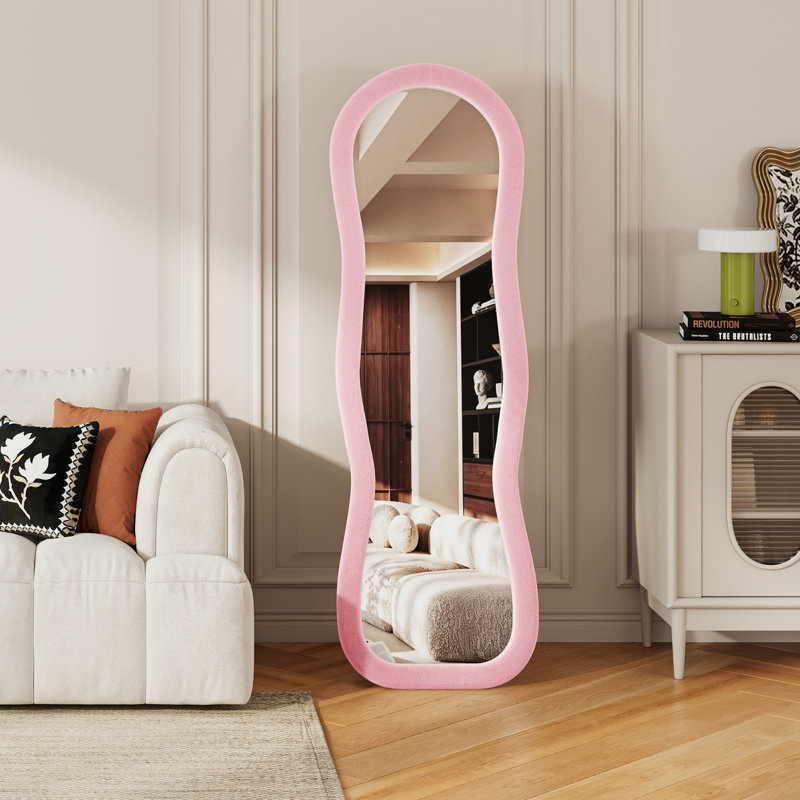 Fabric Leaning and Freestanding Full Length Mirror, Pink, Wavy