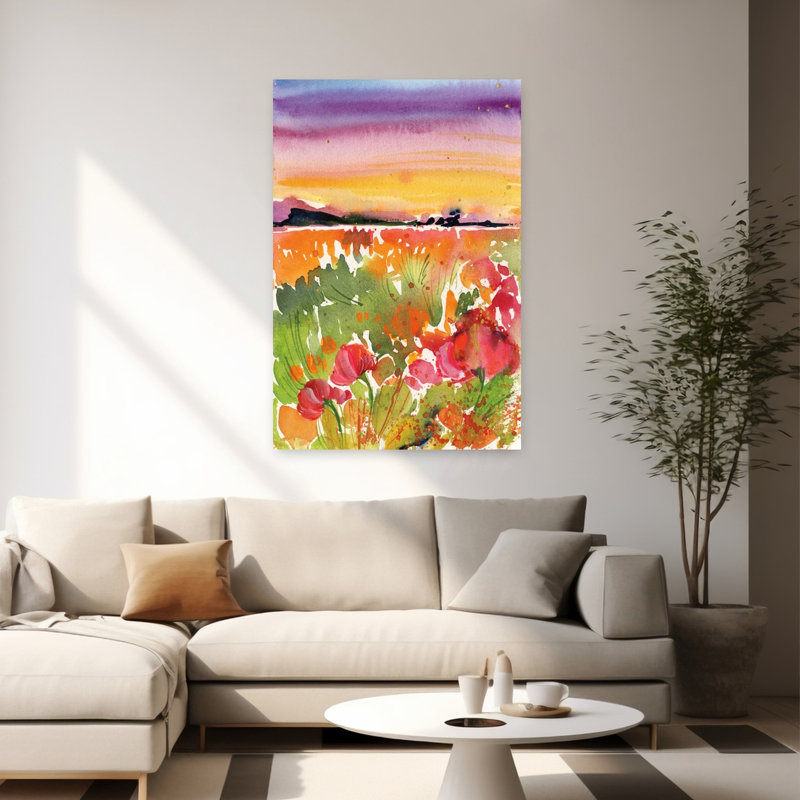 Sunset Field Abstract Contemporary Landscape Flower Wall Art Print by Kristy Rice - 1 Piece Wrapped Canvas Wall Art