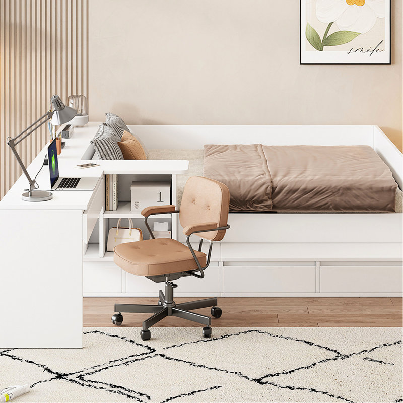 Lit plateforme blanc avec coiffeuse et tablette, 4 tiroirs pour rangement de vêtements, 6 tiroirs, bureau de coiffeuse, grand espace de travail pour le maquillage