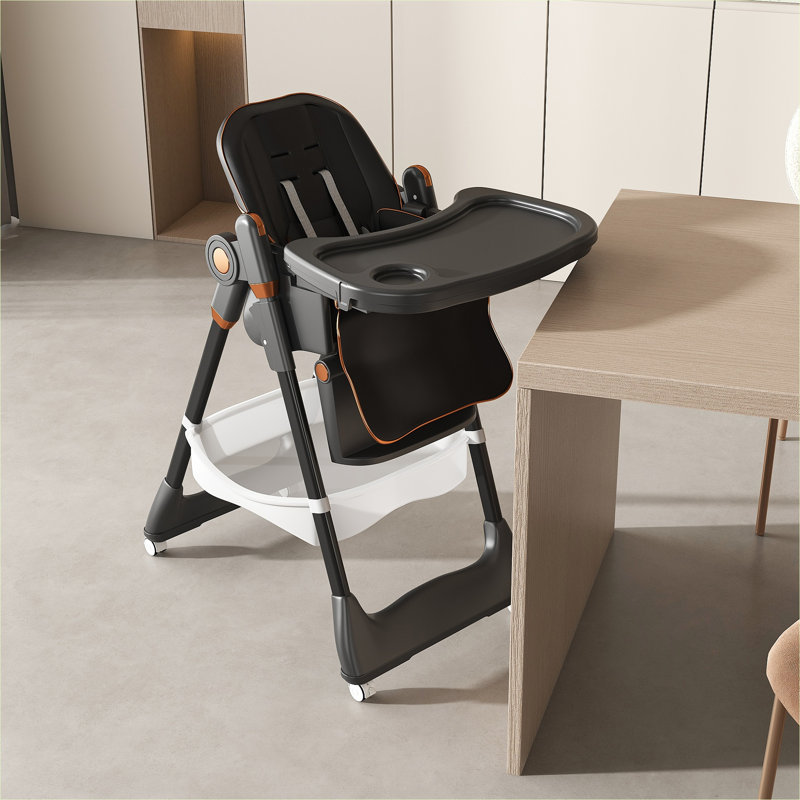 Chaise haute pour bébé 1 place réglable avec roues silencieuses verrouillables pliable facile à nettoyer noir mat, Noir