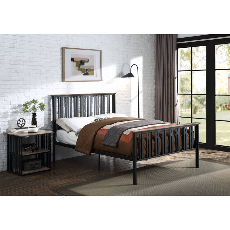 Lit double chêne antique et finition noire, Métal / bois synthétique, Noir/chêne, Double