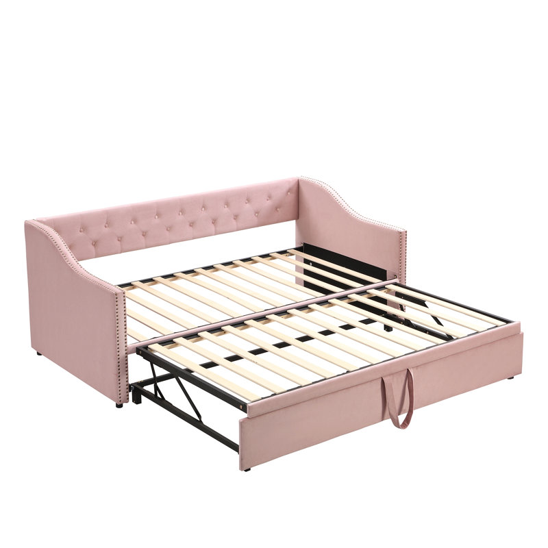 Twin Size Upholstered Daybed With Pop Up Trundle, Pink
