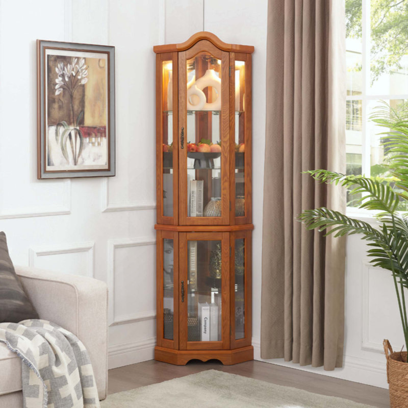 Lighted Corner Curio Cabinet With Tempered Glass Doors & Shelves - Elegant Oak Display Storage For Living Room & Bedroom Decor