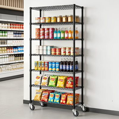  Black 7-Tier Metal Utility Shelf with Wheels, Height Adjustable Freestanding Garage Storage Rack, 1000 lbs Capacity, for Supermarket, Garage, Kitchen, Storage Room