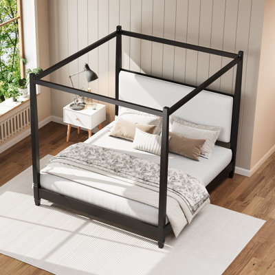 King Size Canopy Platform Bed with Upholstered Headboard & Wooden Slat Support – Modern Solid Wood Bedroom Furniture,Black