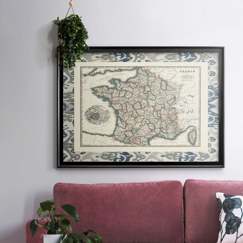 Carte bordée de la France encadrée sur toile, H 26 po x l 38 po x P 1,5 po, Noir