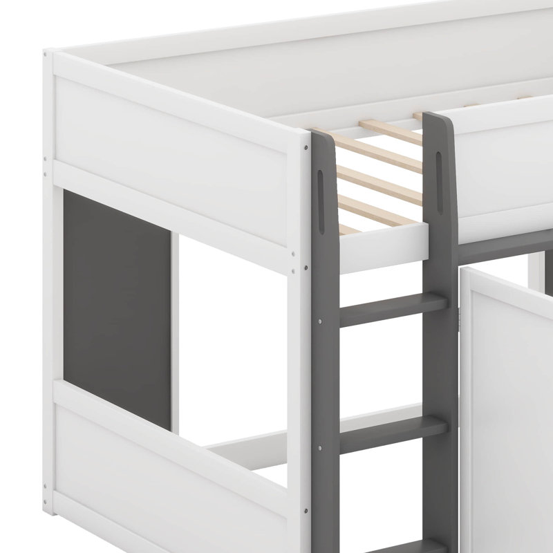 Lit mezzanine double avec maisonnette et rangement, Blanc / Gris