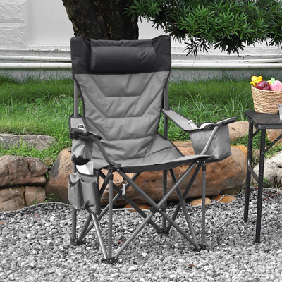 Chaise de camping pliante surdimensionnée, chaise portable rembourrée pour l'extérieur avec porte-gobelet, sac isotherme, poche latérale et arrière, porte-verre à vin, ouvre-bouteille, capacité de 450 lb, 1 pièce, gris
