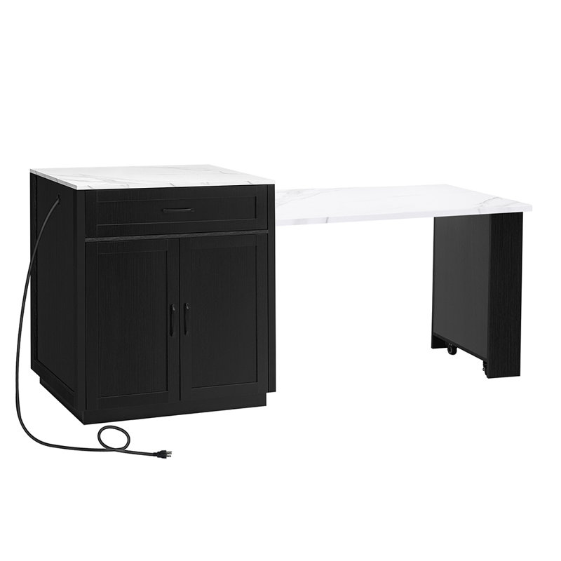 Kitchen Island with Extendable Dining Table with 2 Drawers 2 Side Open Shelves, Black