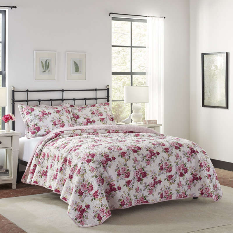Ensemble de courtepointe réversible en coton rose Lidia de Laura Ashley, Courtepointe pour lit double/grand et 2 taies déc