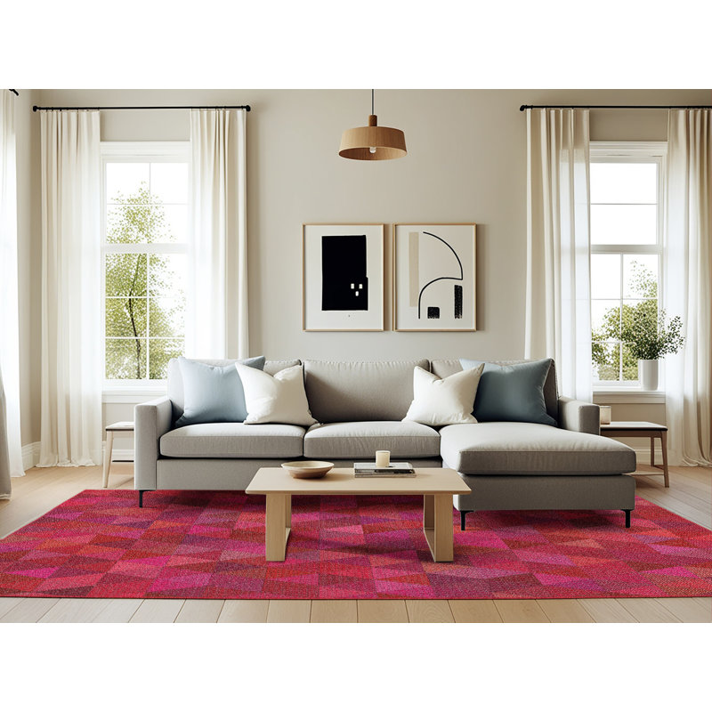 Tapis rouge/rose tissé à la machine, Rectangle 6 pi x 9 pi