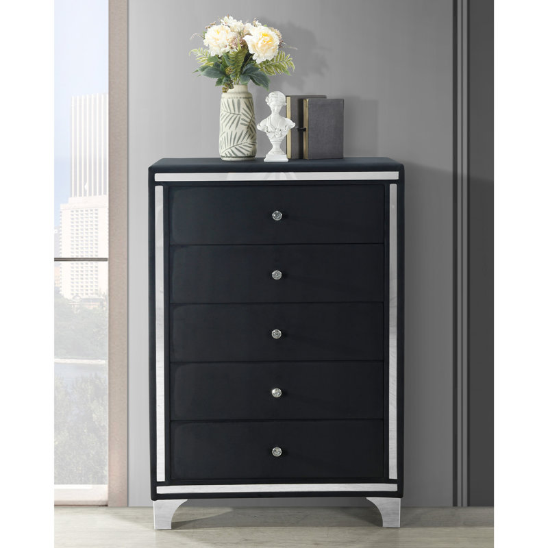 Commode 5 tiroirs en velours Gertz, Noir, noir, noir, noir