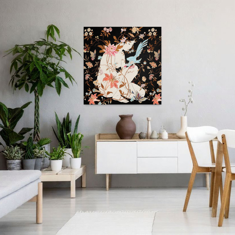«Woman in Floral Embrace», art floral tropical, délicat, oiseau biologique, 36" H x 36" W