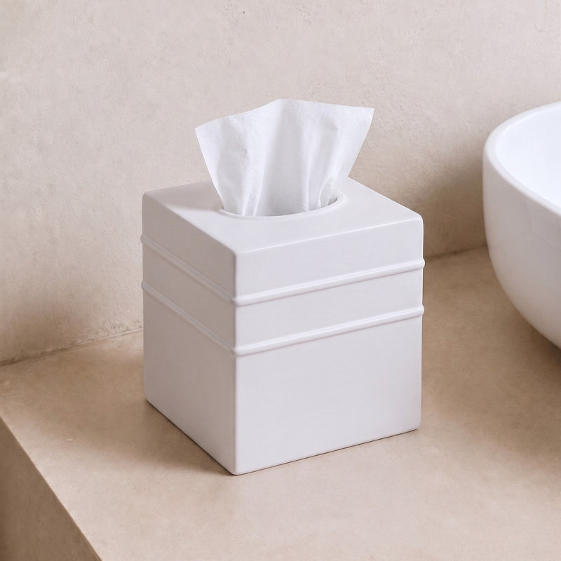 Border Embossed Metal Tissue Box Cover, White