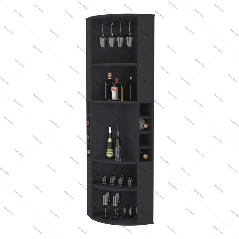 FM FURNITURE Clifton Corner Bar Cabinet, with 5 shelves,Cup Hanger and Eight Built-in Wine Rack,Macadamia, Black