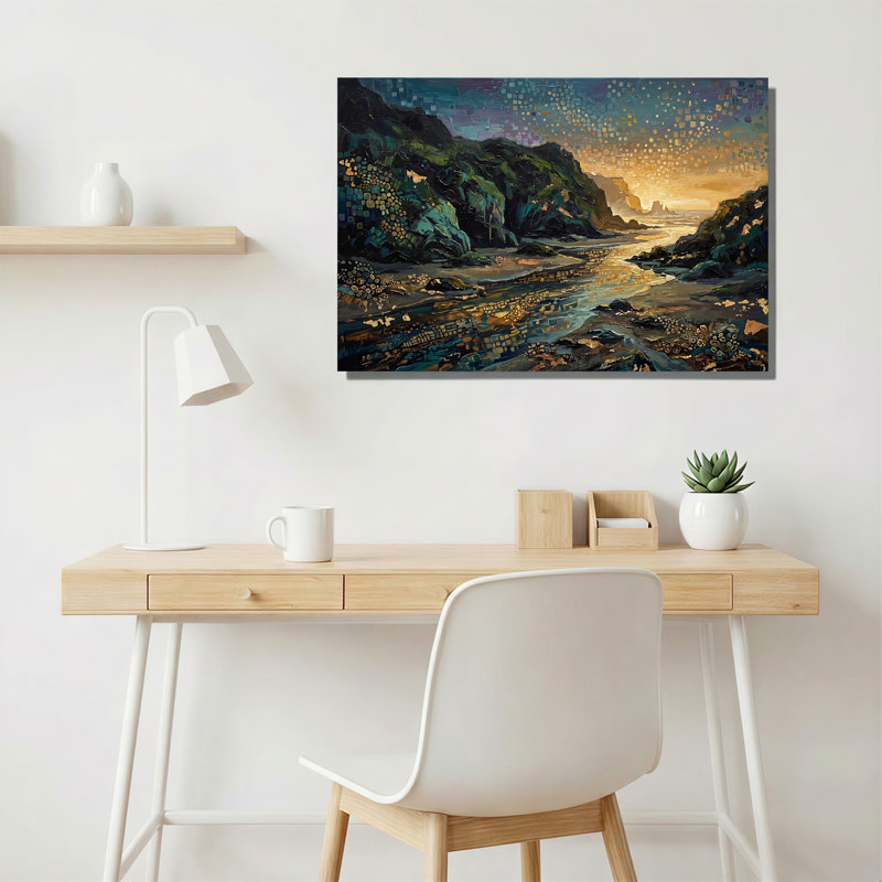 Art mural sur toile, falaises vert foncé et eau dorée, H 20 po x l 30 po