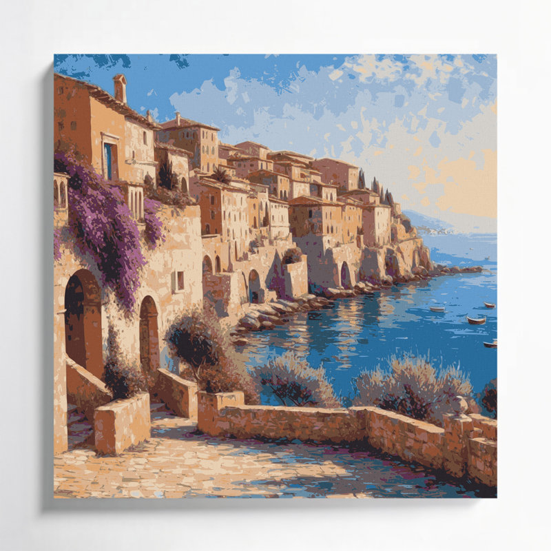 Art mural sur toile beige avec villes cités en Italie, H 12 po x l 12 po