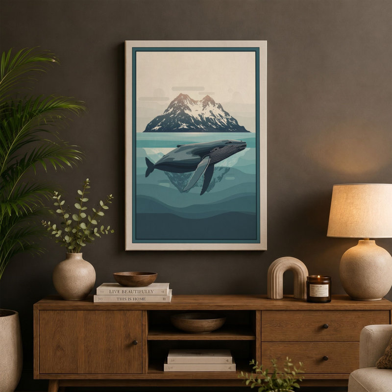 Whale and Mountain Minimalist - Wrapped Canvas, 30x20 - 76.2 x 50.8 cm, Ochre Border