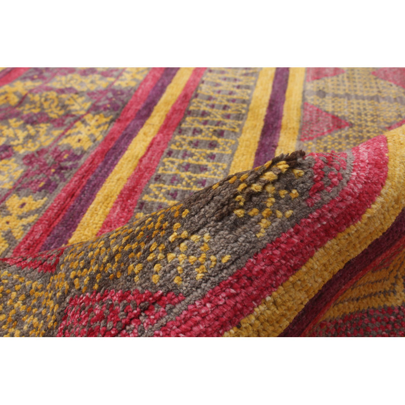Tapis unique en laine noué à la main or / rose / mauve des années 2010 de 6 pi 5 po x 8 pi 7 po Andro