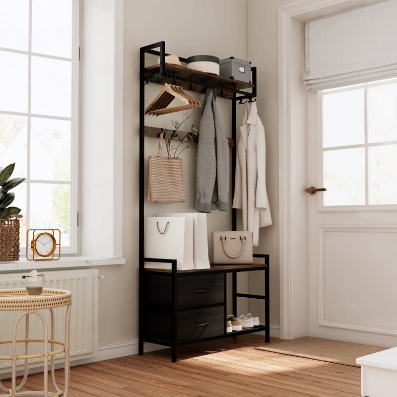 33.1" Wide Hall Tree With 2 Movable Drawers, Shoe Storage, Shelves And Garment Racks, 5-In-1 Entryway Bench With 23 Hooks (Fixed And Movable)