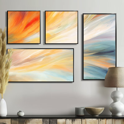 Vintage Blue And Orange Wave Elegance I - Abstract Shapes Art Prints On Canvas 4 Pieces