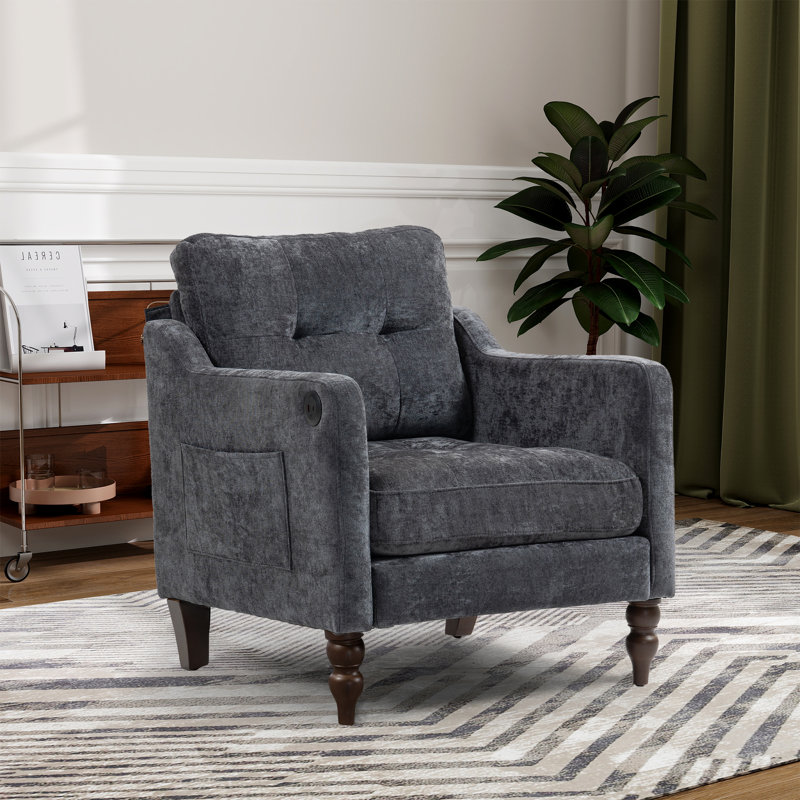 Upholstered Blind Tufted Back Square Arm Accent Armchair With Wooden Legs, Dark Gray