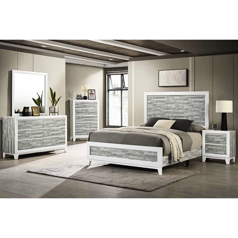 Très grand lit pour la chambre à coucher avec tête de lit grise / blanche et lattes confortables à finition de cadre