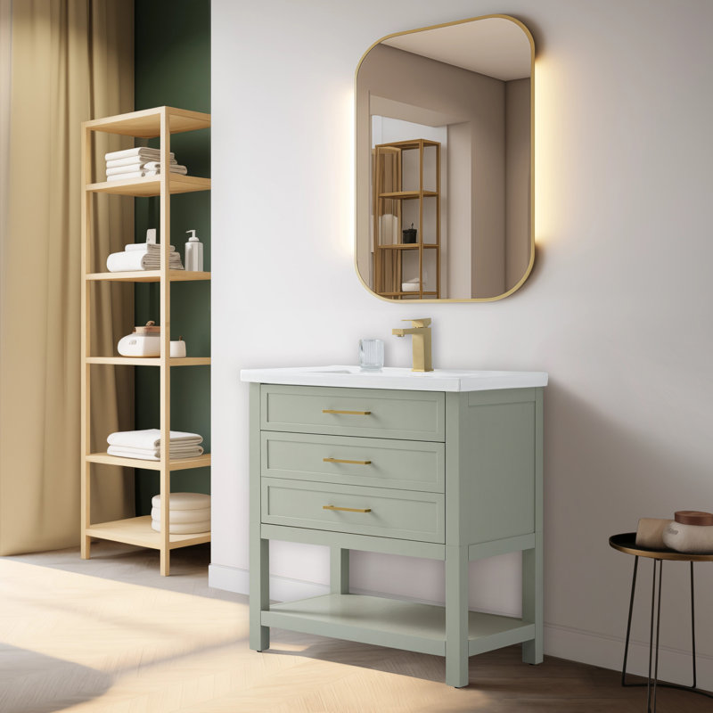 Meuble-lavabo simple 30 po avec comptoir en céramique Vicini, Sauge clair / or brossé