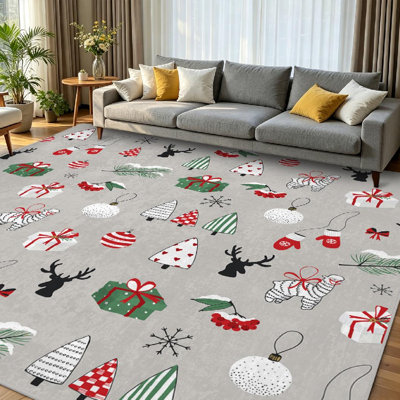 White Machine Washable,Merry Christmas Cartoon Doodle Indoor Area Rug