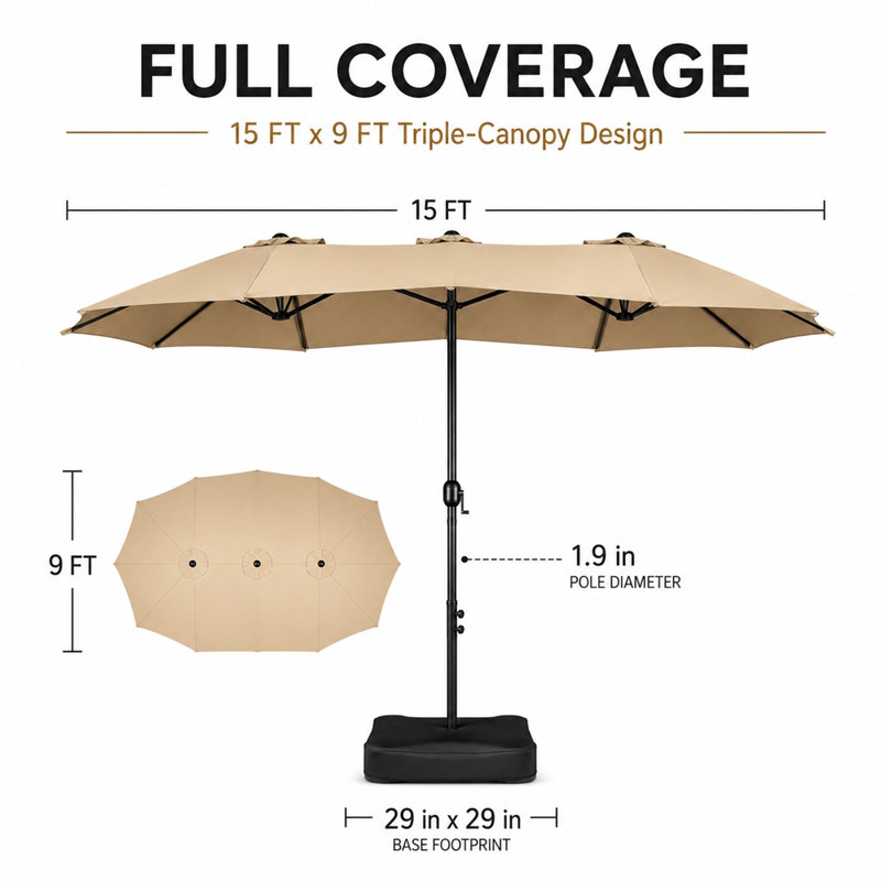 Parasol de marché rectangulaire de 15 pi x 9 pi avec base, parasol de patio triple, brun clair (sable non inclus), Tanné