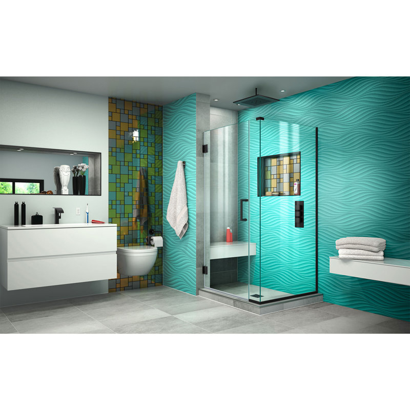 Unidoor Plus 32.5" W x 34.375" D x 72" H Frameless Pivot Rectangle Shower Enclosure with Fixed Panel, Matte Black