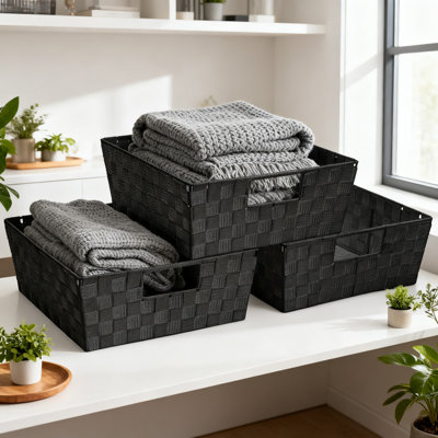 Large Woven Storage Baskets Set Of 3, Hand-Woven Mesh Fabric Storage Bins For Home Organization, Linen Closet Organizer, And Shelf Storage