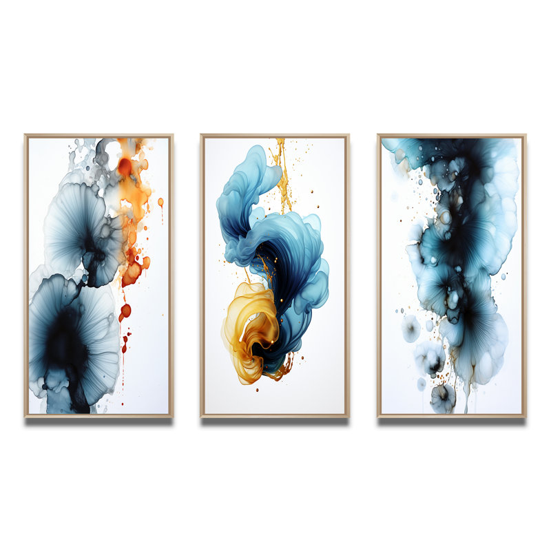 Finding Wonders Turquoise Gold Ink Cloud - Abstract Painting Art Set Of 3 Pieces, Encadré naturel, H 32 po x l 48 po