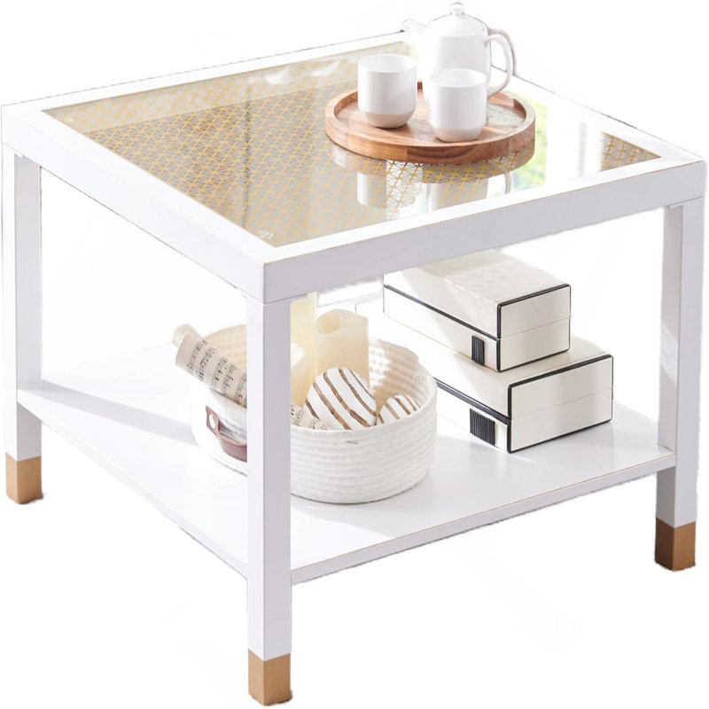 Table basse moderne carrée - structure en métal blanc éclatant de 27,6 po avec plateau en verre doré