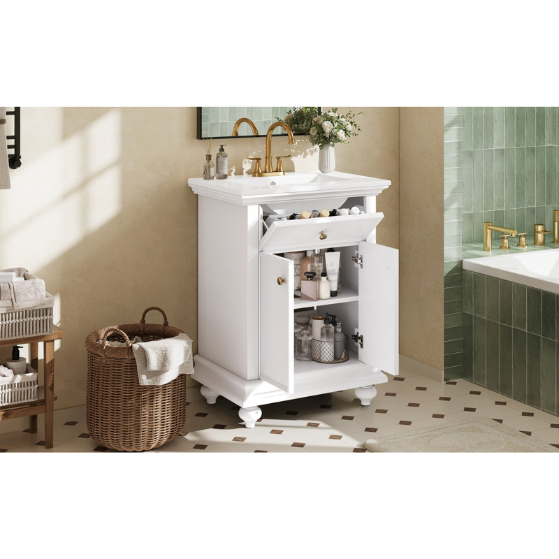 Meuble-lavabo de salle de bain avec tiroir basculant et charnières à fermeture en douceur, White