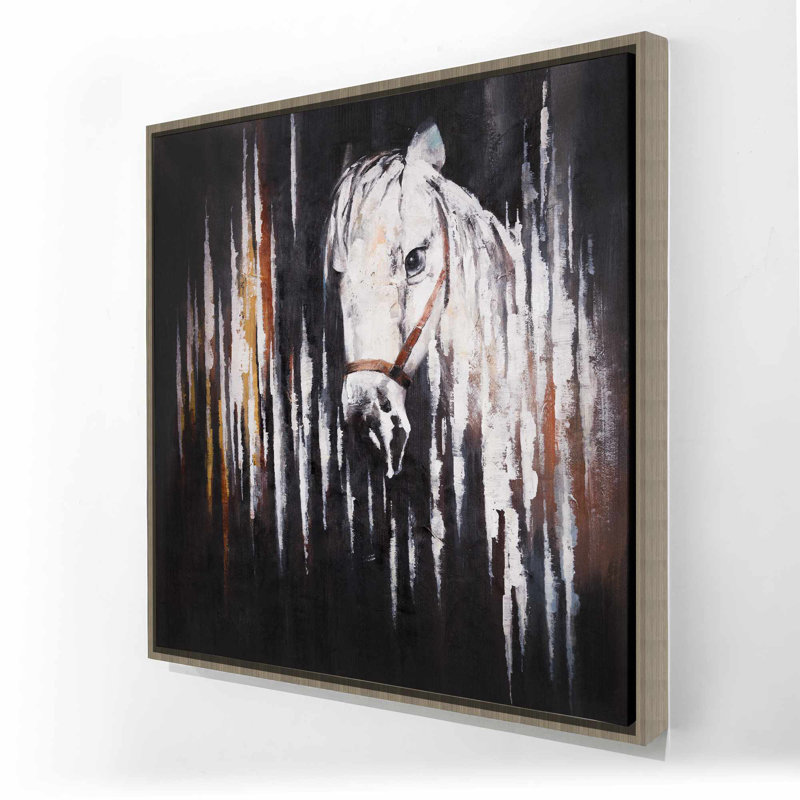 Cheval blanc sur toile foncée - décor de chambre à coucher rustique