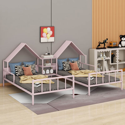 Alexsa  Metal Double Twin Size Platform Bed With House-Shaped Headboard