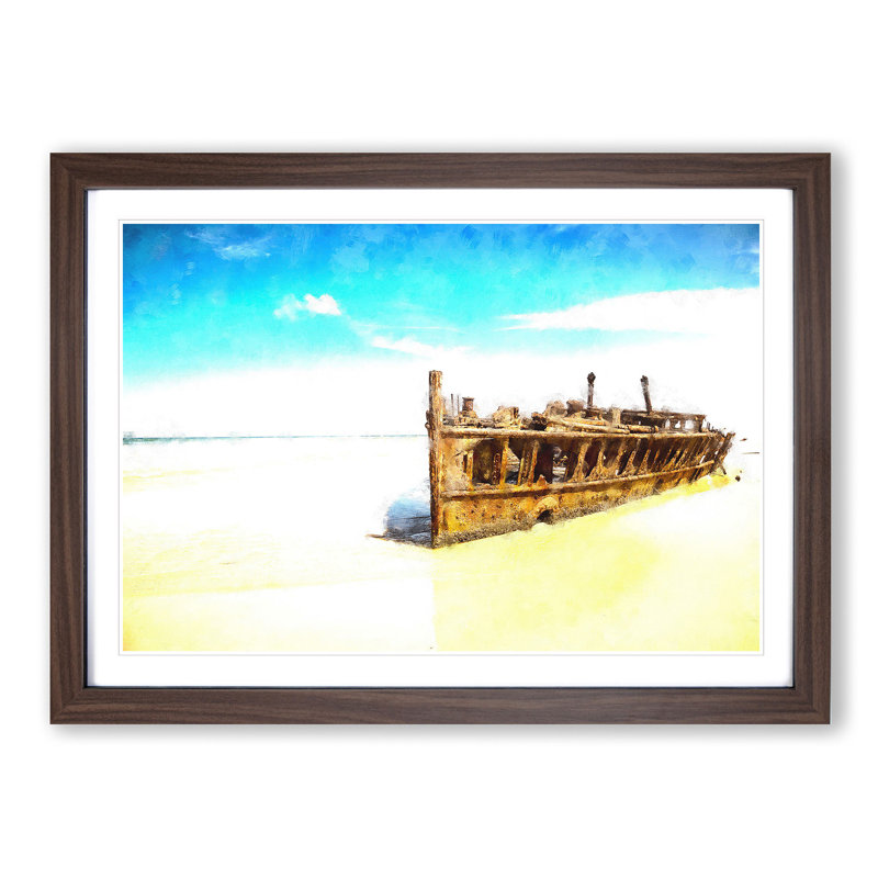 Maheno Shipwreck Australia - Picture Frame Graphic Art Print, 24cm H x 33cm W x 2cm D, Walnut Framed