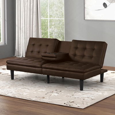 Contemporary Futon Sofa Bed With Biscuit Tufting, Drop - Down Table, Cup Holders And USB Chargers For Flexible Seating And Sleeping