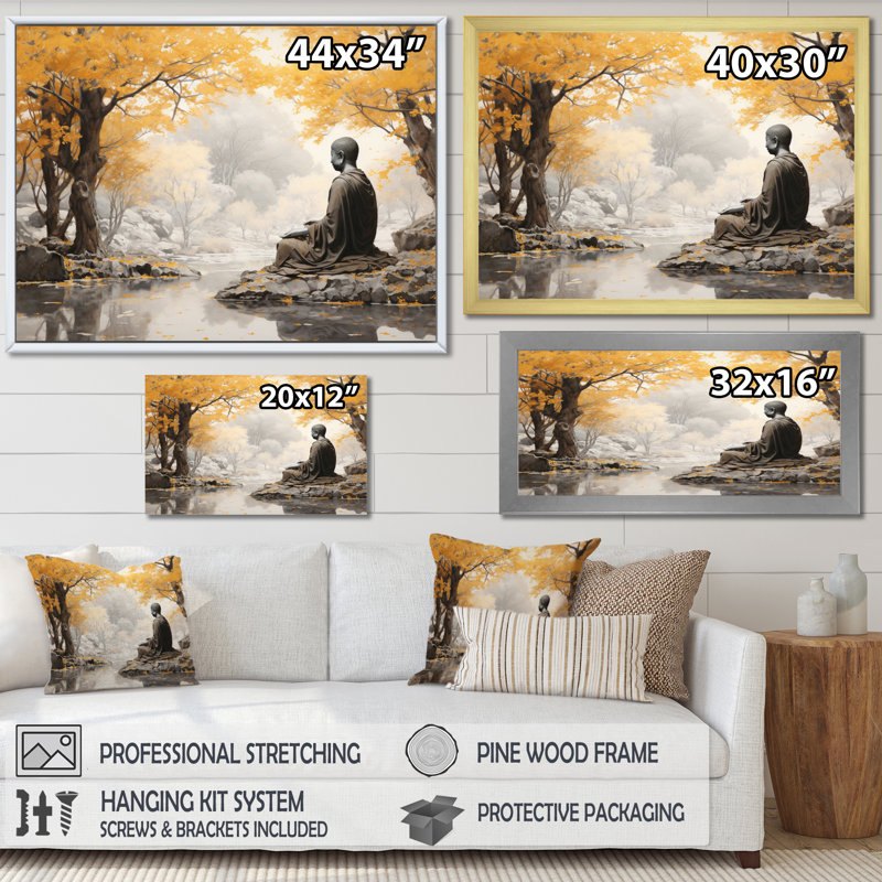 «Bouddha gris et jaune, chemin éclairé III», reproduction d'art sur toile, Cadre photo noir, H 24 po x l 32 po x P 1 po