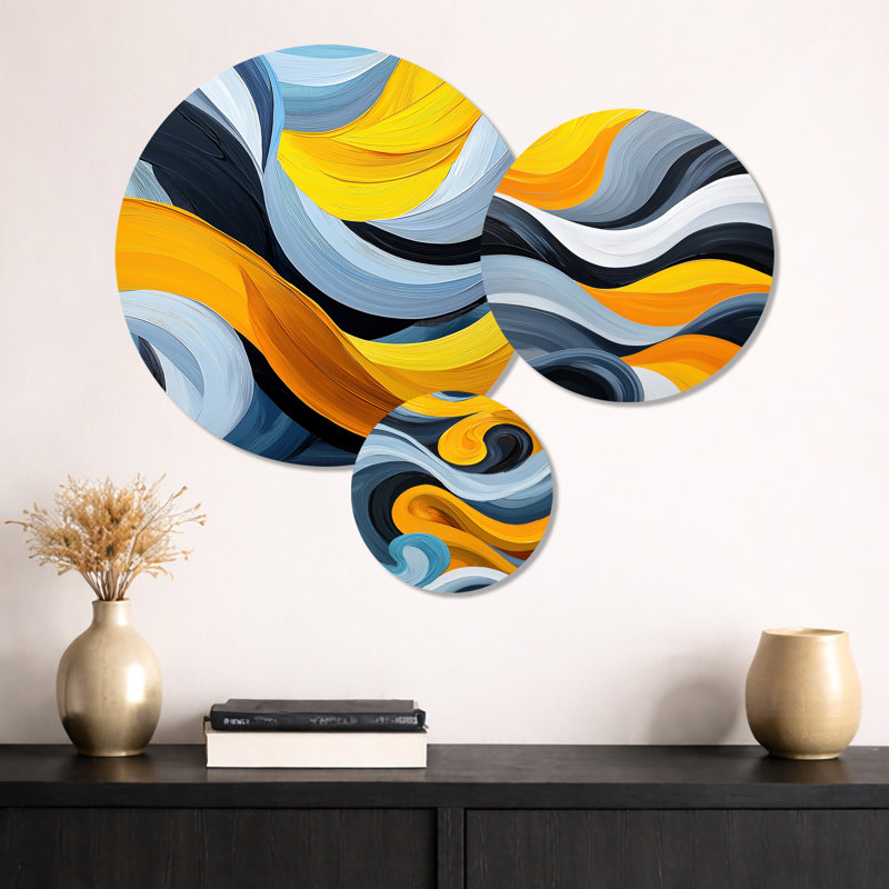 «Blue and Yellow Ocean Steam Lines I», impression d'art mural gris minimaliste 3 pièces