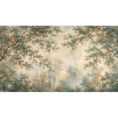 Vintage Misty Forest Wall Mural | Sage Green Tree Landscape Wallpaper | Non-Woven or Peel and Stick