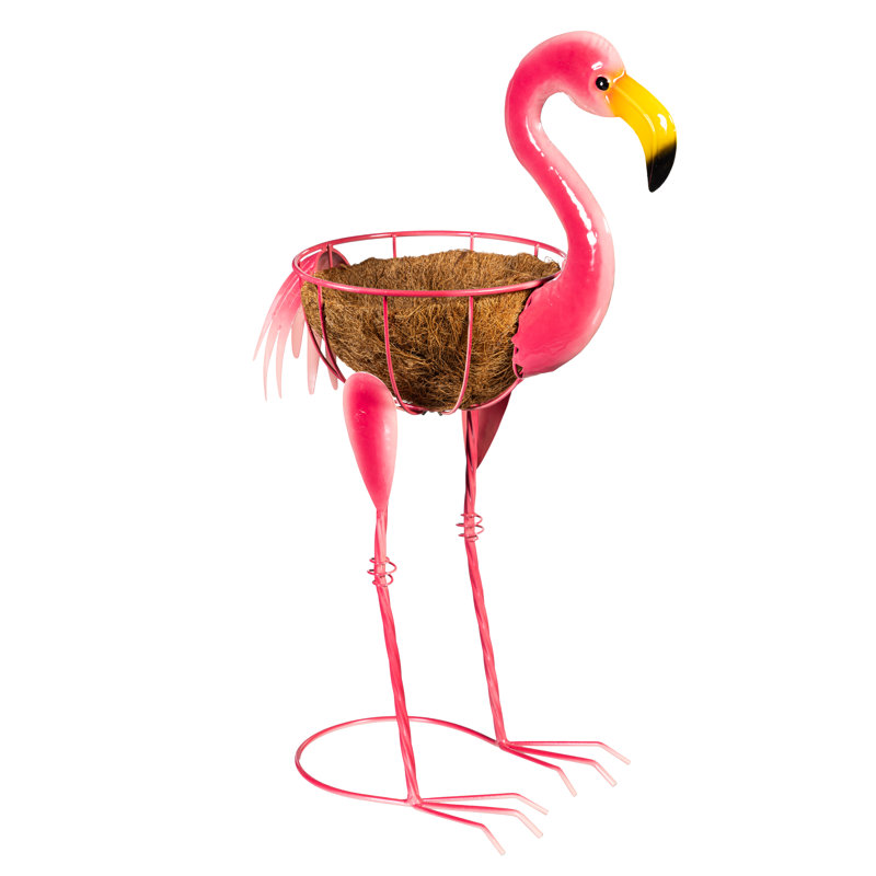 Metal Flamingo Planter Statue with Coco Insert, 25.7in
