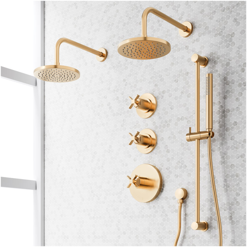 Vassor Thermostatic Shower System With Dual Showerheads, Slide Bar and Hand Shower - Brushed Gold, Brushed Gold