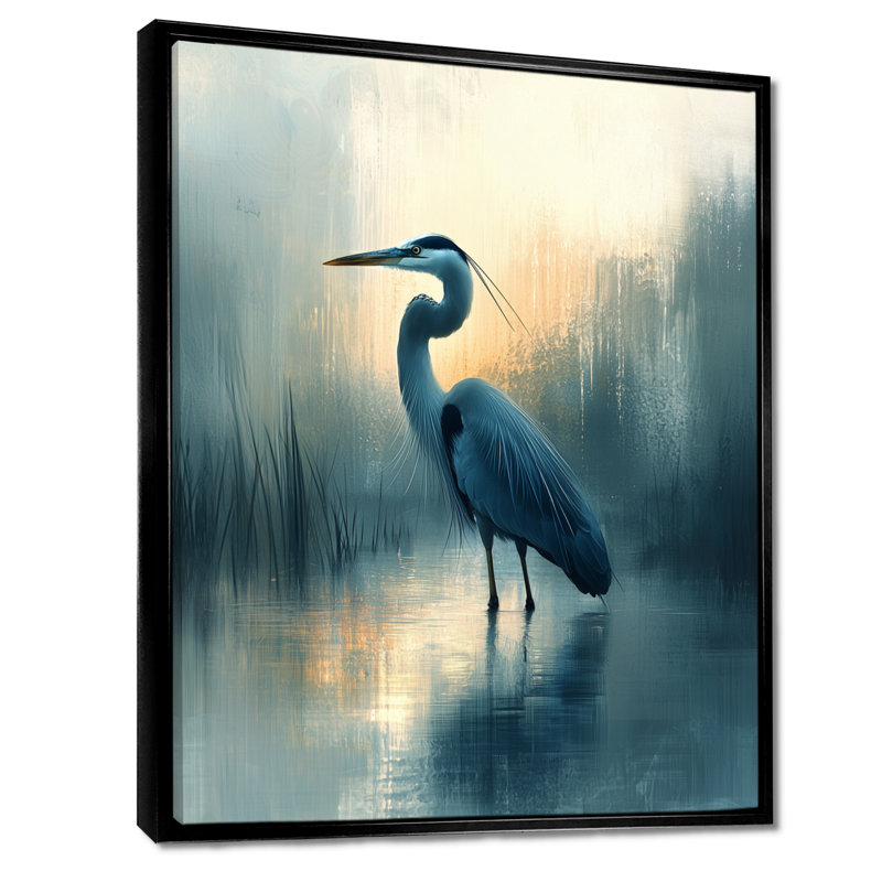 Auron, minimalisme, héron à la ferme, lac I - héron, art mural, H 20 po x l 12 po, Reproduction avec cadre flottant, Noir