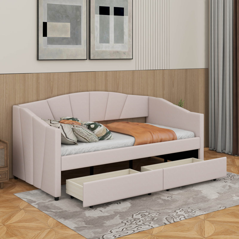 Twin Size Upholstered Daybed With Two Drawers, Beige