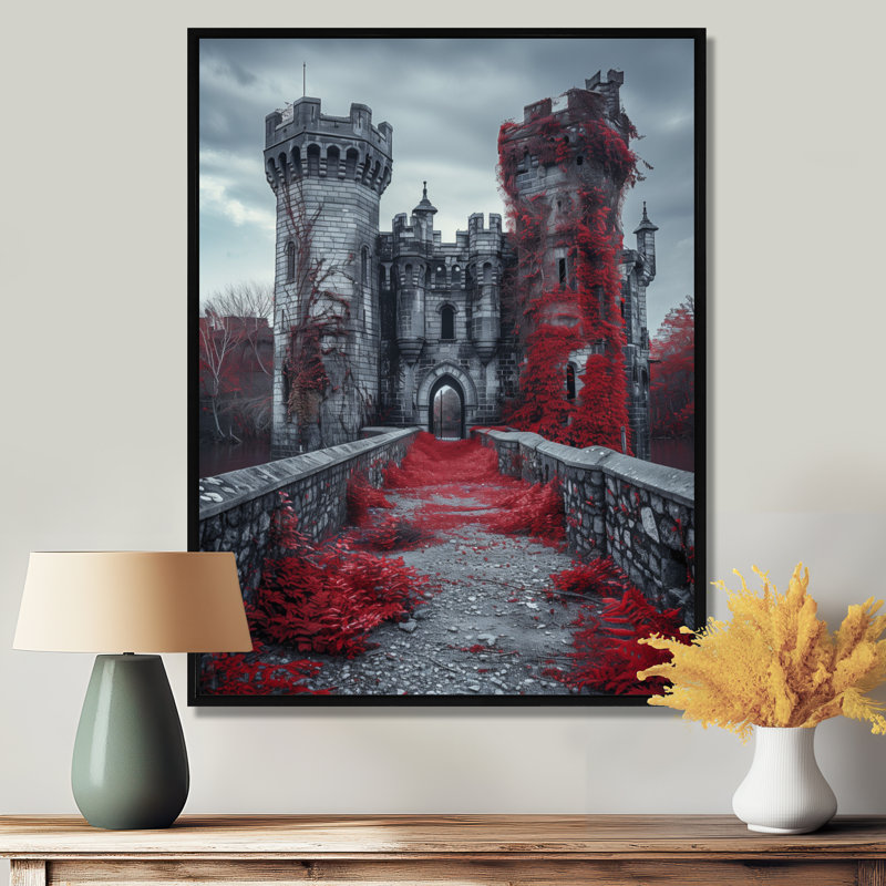 Monochromes gris, rouge, automne, Angleterre, château I - châteaux, art mural, salon, Toile avec cadre flottant noir