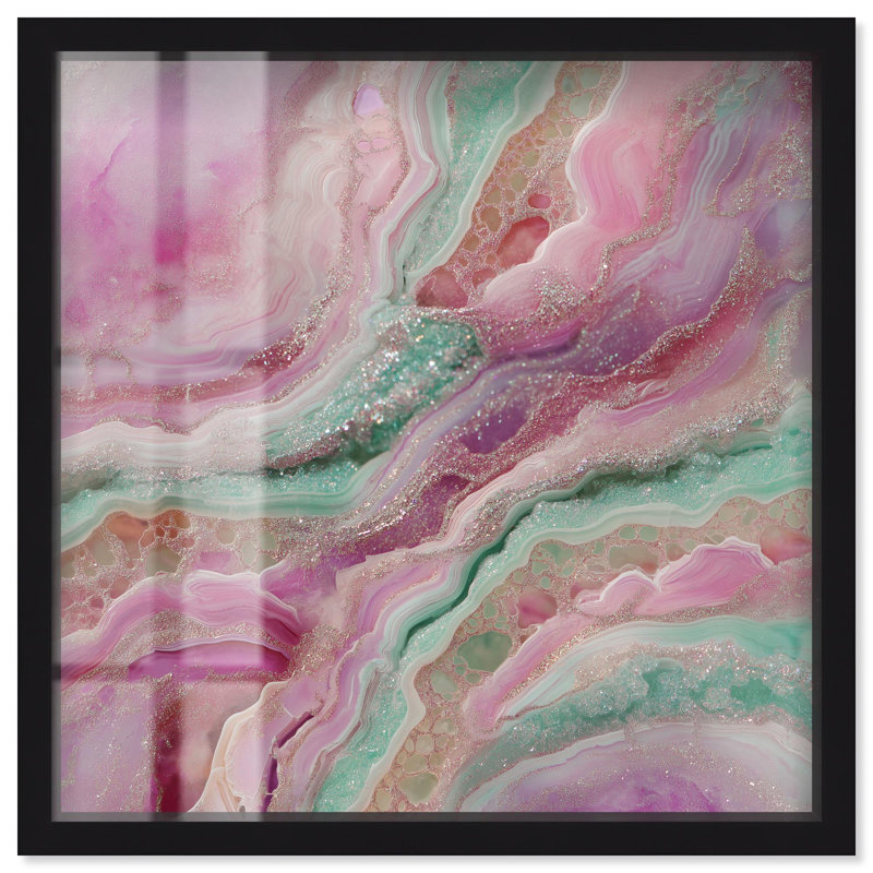 «Pink and Mint Crystal IV Shadowbox Print Colorful Abstracts» par Art Remedy, H 13 po x l 13 po, Noir