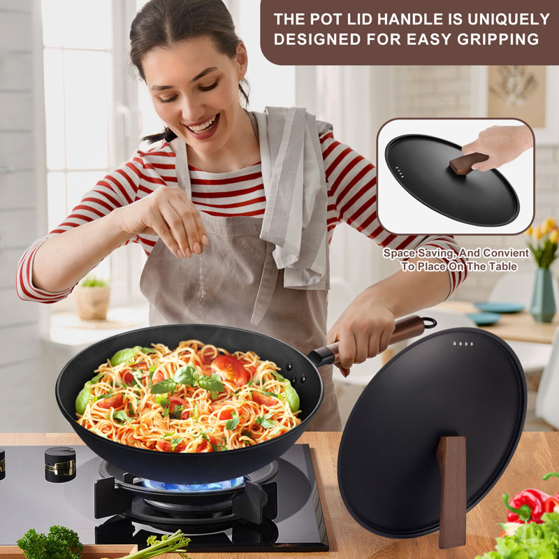 AOSION 13'' Black Carbon Steel Wok Set with Wooden Handle